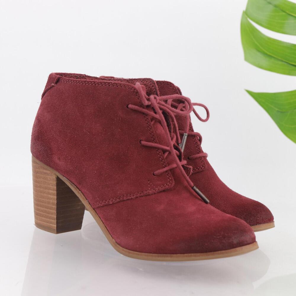 Toms Womens Lunata Boots‎ Size 7 Red Suede Block Heel Lace Up Distressed Booties